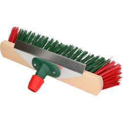 Houten harde straatbezem/buitenbezem met aluminium schraper elaston groen/rood 40 cm - Bezem