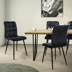 Eetkamerstoel set van 4 vierkant gewatteerde zwart fluwelen bekleding met metalen poten incl. montagemateriaal ML-Design