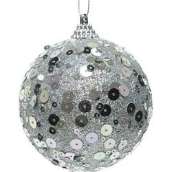 1x Kerstballen zilveren glitters 8 cm met pailletten kunststof kerstboom versiering/decoratie - Kerstbal