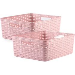 2x stuks rotan gevlochten opbergmand/opbergbox kunststof - Oud roze - 28 x 36 x 13.5 cm - Opbergbox