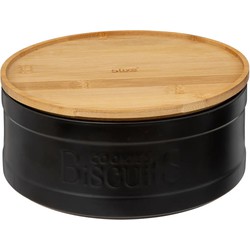 5Five koektrommel/voorraadblik Biscuits - keramiek - met bamboe deksel - zwart/beige - 23 x 10 cm - Voorraadblikken