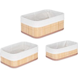 Kipit Badkamer/Toilet ruimte opbergmandjes - bamboe/stof wit - set 3x stuks - Opbergmanden