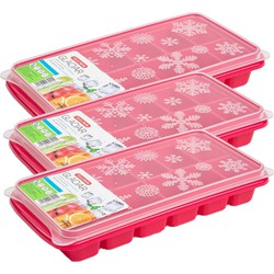 4x stuks Trays met ijsblokjes/ijsklontjes vormpjes 12 vakjes kunststof roze met deksel - IJsblokjesvormen