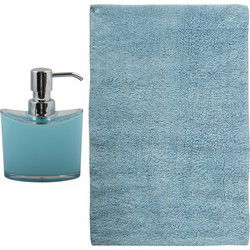 MSV badkamer droogloop mat/tapijt - Bologna - 45 x 70 cm - bijpassende kleur zeeppompje - lichtblauw - Badmatjes