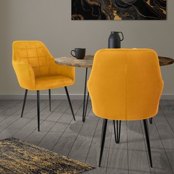 Eetkamerstoelen met rugleuning & armleuningen set van 2 mosterd fluwelen bekleding vierkant gewatteerd met metalen poten ML design