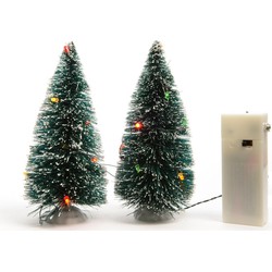 2x stuks kerstdorp onderdelen miniatuur boompjes met gekleurde verlichting 15 cm - Kerstdorpen
