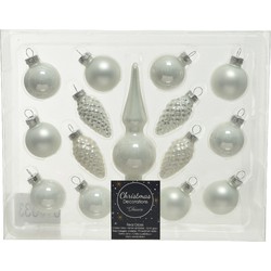 Winter witte glazen kerstballen 3 cm en piek set voor mini kerstboom 15-dlg - Kerstbal