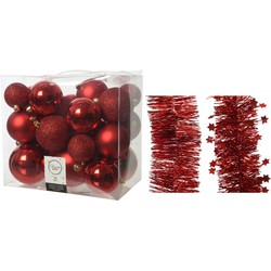 Kerstversiering kunststof kerstballen 6-8-10 cm met folieslingers pakket rood van 28x stuks - Kerstbal