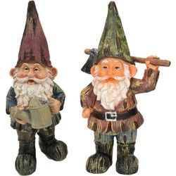 Tuinkabouters - 2x - polystone - 24 cm - met gieter/met bijl - Tuinbeelden