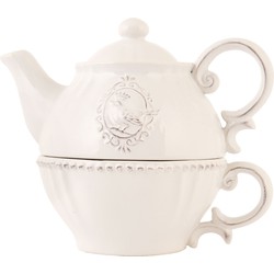 Clayre & Eef Tea for One  400 ml Beige Keramiek Rond Vogel Theepot set