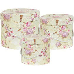 Clayre & Eef Opbergdoos Set van 3 23x20 / Ø 20x17 / Ø 17x14 cm Groen Karton Rond Bloemen