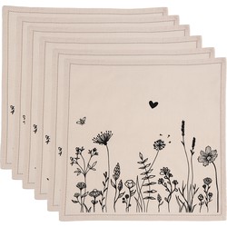 Clayre & Eef Servetten Katoen Set van 6  40x40 cm Beige Zwart Katoen Bloemen Servet Stof