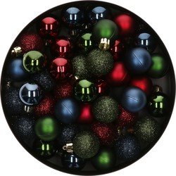 42x Stuks kunststof kerstballen mix donkerblauw/donkerrood/donkergroen 3 cm - Kerstbal