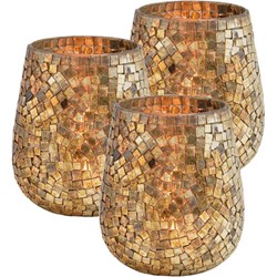 Set van 3x stuks glazen design windlicht/kaarsenhouder mozaiek champagne goud 15 x 13 cm - Waxinelichtjeshouders