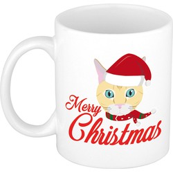 Kerstcadeau mok/beker Merry Christmas met kat / poes Kerstmis 300 ml - Bekers