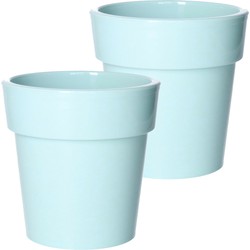 Set van 2x stuks basic plantenpotten/bloempotten kunststof dia 15 cm/hoogte 15 cm pastel groen - Plantenpotten