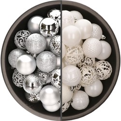 74x stuks kunststof kerstballen mix zilver en wit 6 cm - Kerstbal