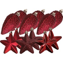 Dennenappels en sterren kerstornamenten - 12 stuks - kunststof - donkerrood - Kersthangers