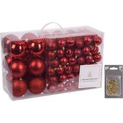 94-Delige kerstboomversiering kunststof kerstballen set rood incl. 100x ophanghaakjes - Kerstbal