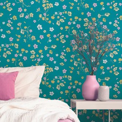 Livingwalls behang bloemmotief turquoise, geel, roze, groen en wit - 53 cm x 10,05 m - AS-389072