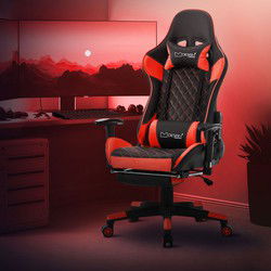Gaming stoel met uittrekbare voetsteun 2D armsteun zwart/rood in kunstleer ML-Design