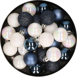 28x stuks kunststof kerstballen parelmoer wit en donkerblauw mix 3 cm - Kerstbal
