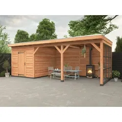 Douglas overkapping 750 x 300, met schuur en achterwand, Westwood Comfort