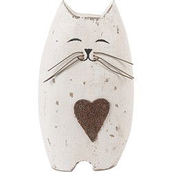 Clayre & Eef Decoratie Beeld Kat Wit Bruin Hout