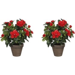 2x Groene Azalea kunstplanten met rode bloemen 27 cm met pot stan grey - Kunstplanten