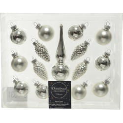 Zilveren glazen kerstballen 3 cm en piek set voor mini kerstboom 15-dlg - Kerstbal