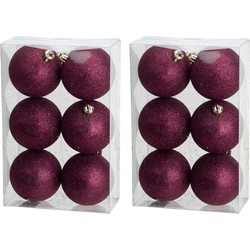 12x Kunststof kerstballen glitter aubergine roze 8 cm kerstboom versiering/decoratie - Kerstbal