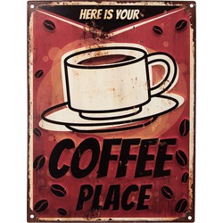 Clayre & Eef Tekstbord  25x33 cm Rood Ijzer Kop koffie Here is your Coffee place Wandbord