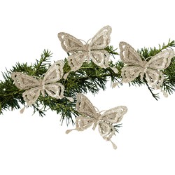 4x stuks kerstboom decoratie vlinders op clip glitter champagne 14 cm - Kersthangers