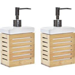 2x stuks zeeppompje/dispenser bamboe hout/wit 300 ml - 10 x 19 cm - Zeeppompjes