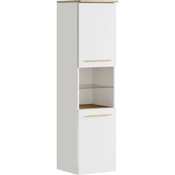 Badplaats Badkamerkast Bravos 35 x 35 x 133 cm - Wit met Eiken - Hangende Badkamerkast Hoog met 2 Deuren