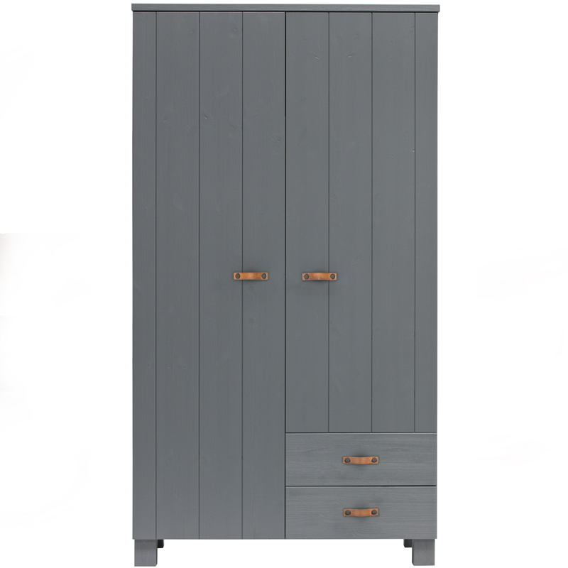 WOOOD Dennis Kast Met Laden - Grenen/Leer - Staal Grijs - 202x111x55 - 