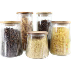 OTIX Voorraadpotten - Glas - met Deksel - Snoeppotten - Set van 5 - Voedselopbergers - Koffiepads Bewaarbus - Acacia Wood - Diverse Maten - SIRIUS