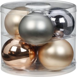 Tube met 6x champagne/zilveren kerstballen van glas 10 cm glans en mat - Kerstbal