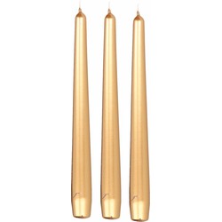 12x Lange kaarsen metallic goud 25 cm 8 branduren dinerkaarsen/tafelkaarsen - Dinerkaarsen