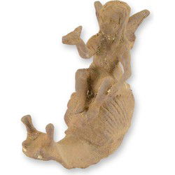 A RUSTY CAST IRON FIGURINE OF A FAIRY RIDING A SNAIL