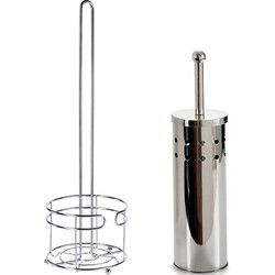 WC-/toiletborstel in houder 40 cm met wc-rollen houder - rvs zilver - Badkameraccessoireset