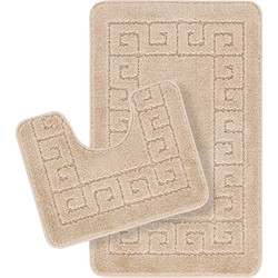 Badmat Set WC Mat - Badkamer, Douchemat, Toiletmat - Machinewasbar Antislip Hoogpolig Badkleed POPPY - Beige - 80x50 cm/50x40 cm 