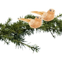 2x stuks kunststof decoratie vogels op clip caramel bruin 12 cm - Kersthangers