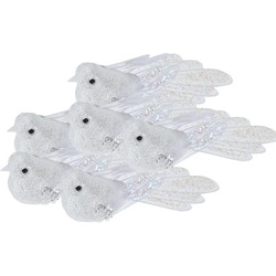 6x stuks kunststof decoratie vogels op clip wit met pailletten 15 cm - Kersthangers