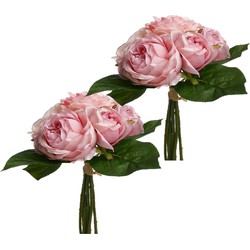 Atmosphera kunstbloemen 2 boeketten 9 roze rozen 30 cm - Kunstbloemen