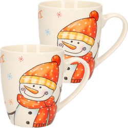 2x stuks kerstmok/wintermok sneeuwpop met oranje muts en sjaal van poreselein 10 cm - Bekers