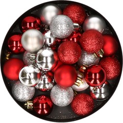 28x stuks kunststof kerstballen rood en zilver mix 3 cm - Kerstbal