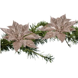 2x stuks kerstboom bloemen kerstster roze glitter op clip 18 cm - Kersthangers
