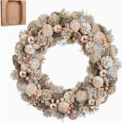 House of Seasons Kerstkrans Denn - 50x50x10 cm - Dennenappel - Goud