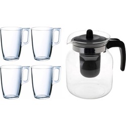 Glazen theepot zwart met filter van 1,5 liter met 12x stuks theeglazen Arcoroc van 320 ml - Theepotten